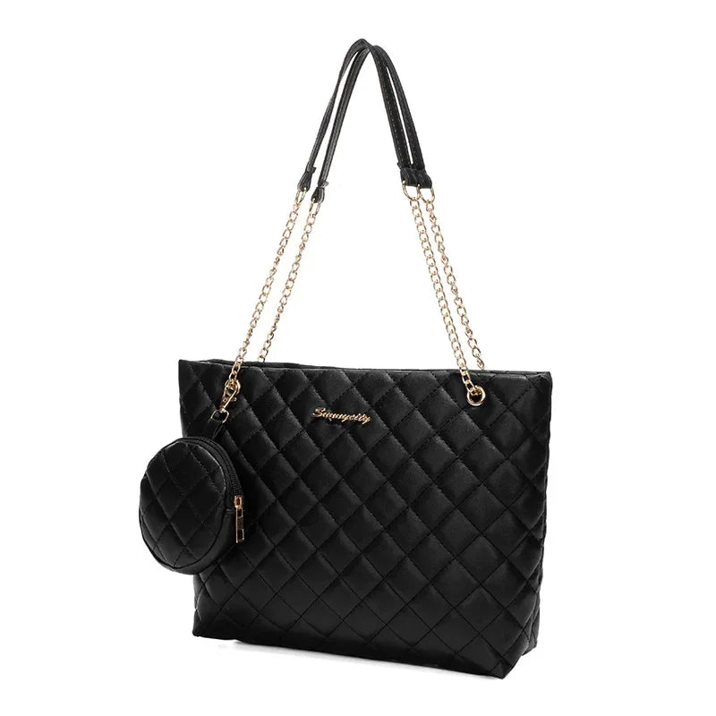Rhombic Mini Tote – Embroidered, Chain Strap, Letter Detail, Stylish & Minimalist