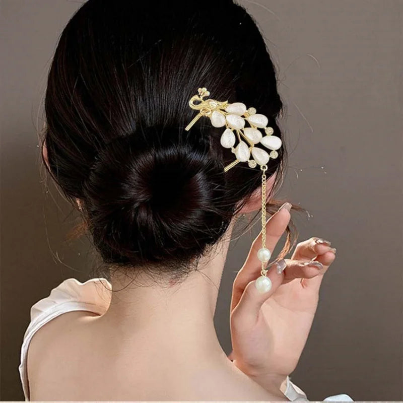 Elegant Chinese Style Floral U-Shaped Hair Clip Tassel Hair Stick Luxury Hairstyle Accessory Women Jewelry Hairpin Hairneedle