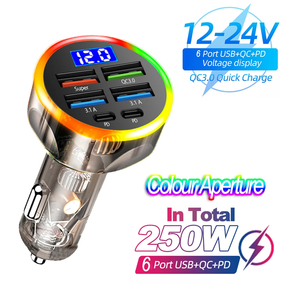 66-250W PD Car Charger QC3.0 Fast Charging Cigarette Lighter Splitter with Digital Display, 1-to-6 Multi Port Adapter