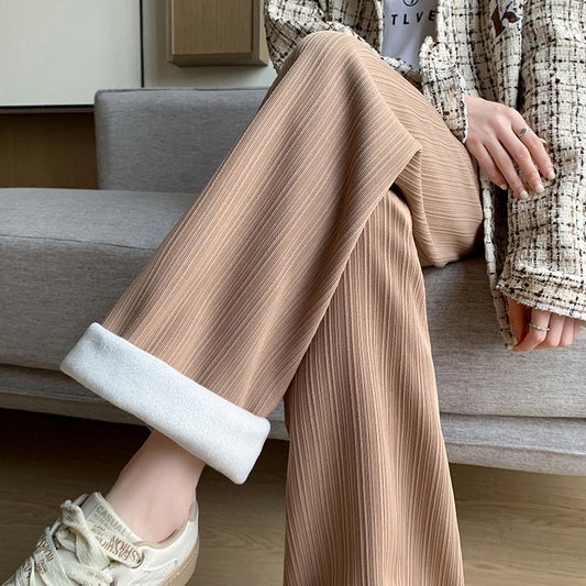 Casual Fleece Lined Wide Leg Pants Women High Waist Warm Winter Trousers Solid Color Loose Straight Pocket Pants