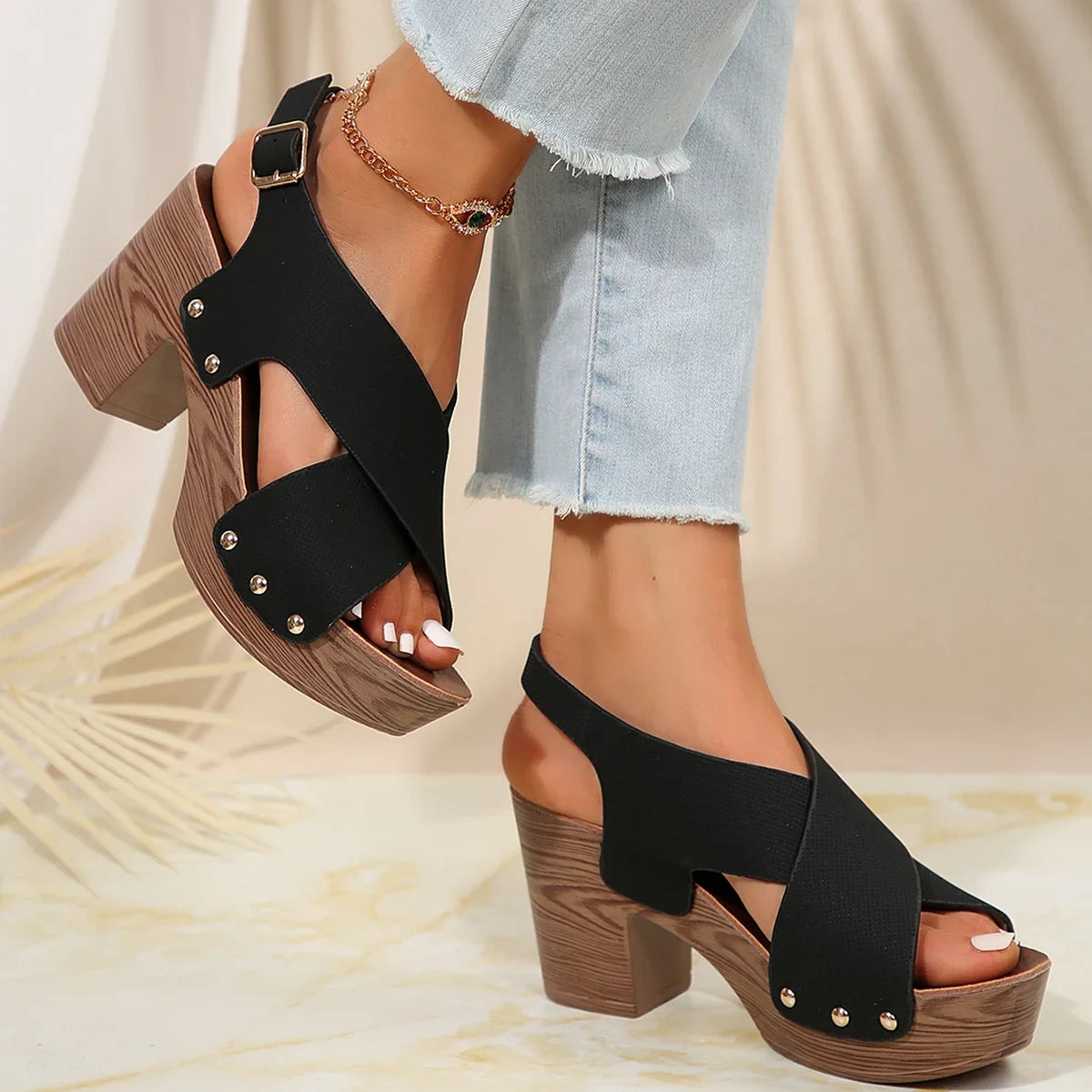 Women's Roman Wedge Sandals – Comfy High Heels with Metal Buckle