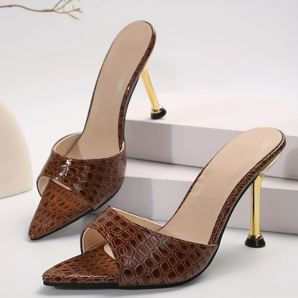 Glam Crocodile-Texture Stiletto Sandals – Chic Slip-On High Heels with Pointed Peep Toe for Parties & Banquets