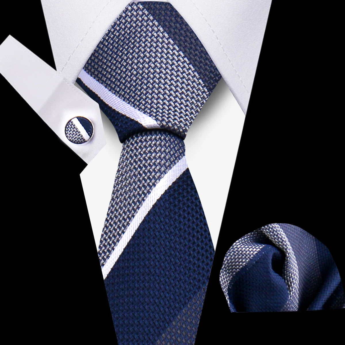 Classic Men’s Tie Set Plaid Necktie with Pocket Square & Cufflinks Business Wedding Gift Accessories