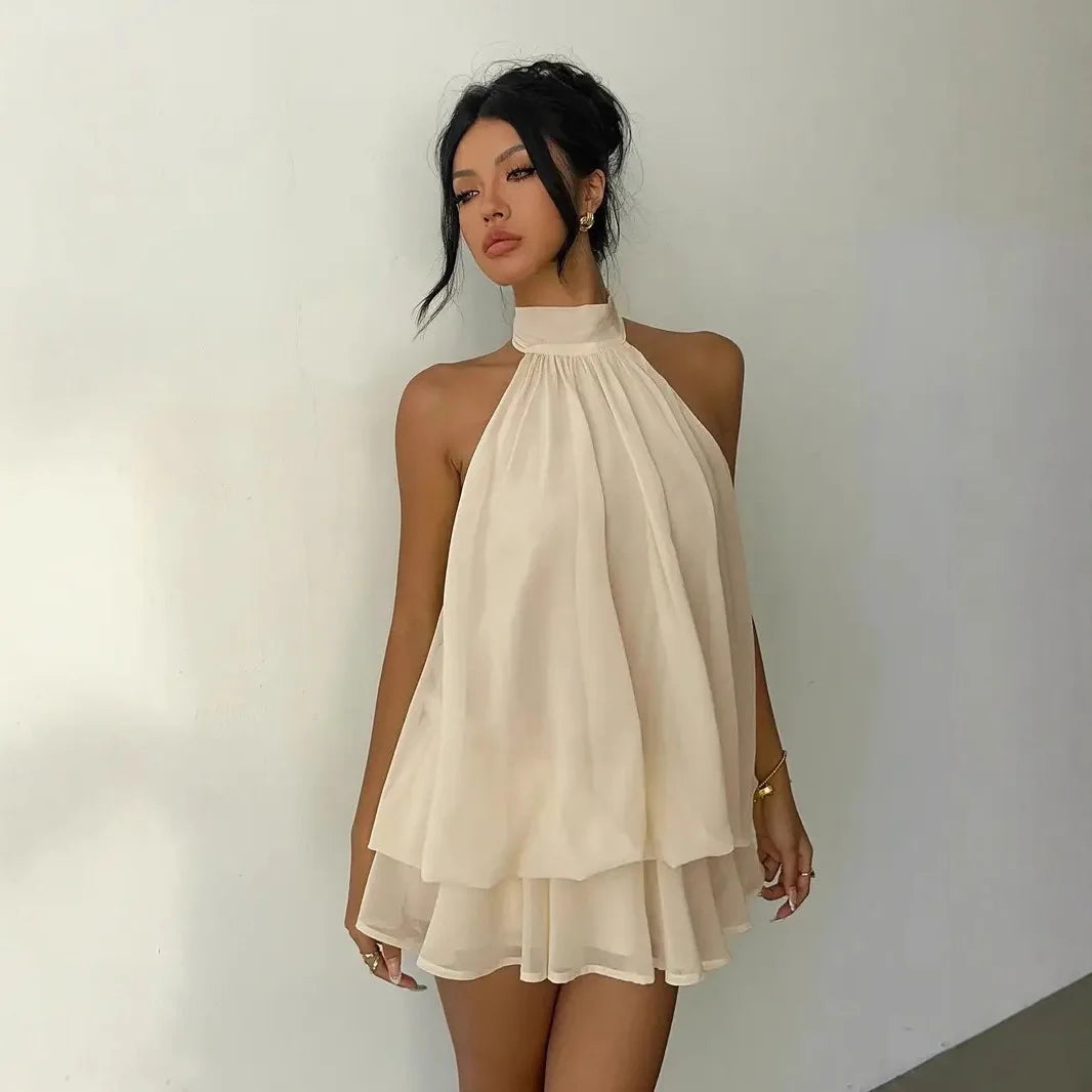Women’s Y2K Halter Neck Backless Tie-Front Chiffon Mini Dress