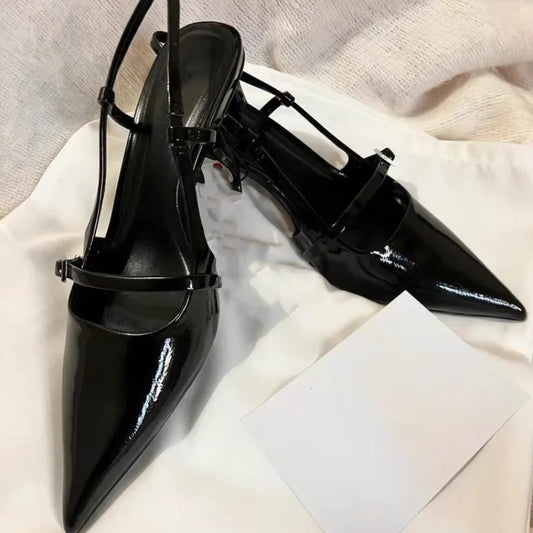 2024 Black Pointed High Heel Slingback Pumps for Women – Leather, Summer Style