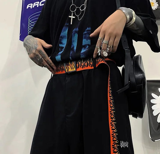 Creative European American Flame Pattern Nylon Waist Belt – Adjustable & Wide Fit