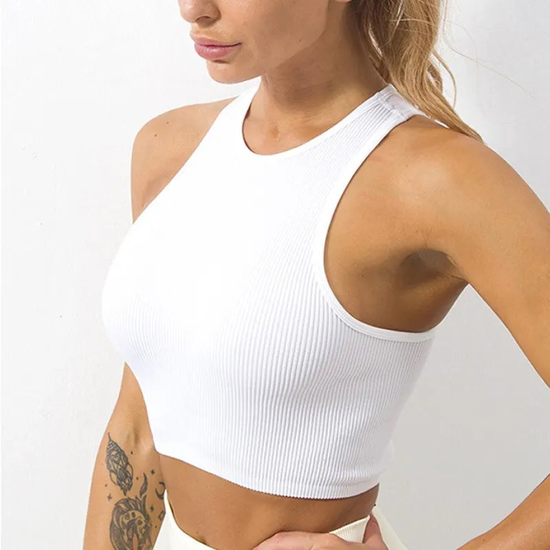 Women’s Seamless Rib-Knit Yoga Crop Top – Sleeveless, Breathable, No Pads