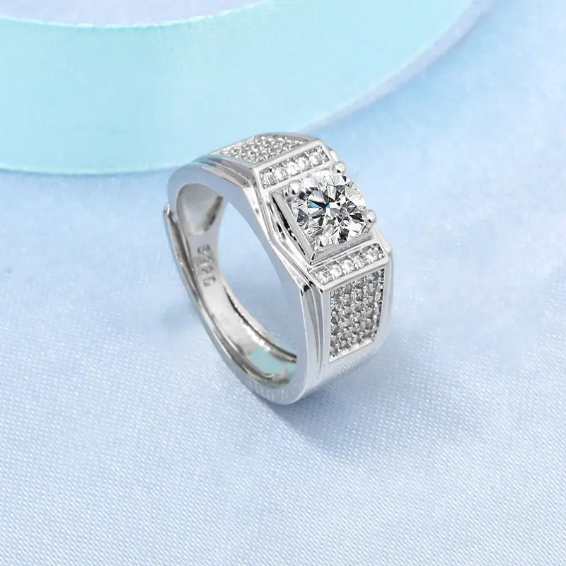 925 Sterling Silver Adjustable Crystal Ring – Fashion Wedding & Engagement Jewelry for Men