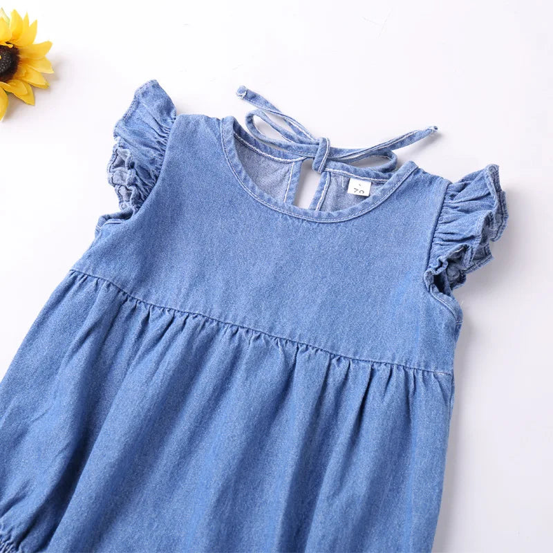 Baby Girls Romper — Sleeveless Ruffle Denim Bodysuit, Summer Sunsuit Outfit
