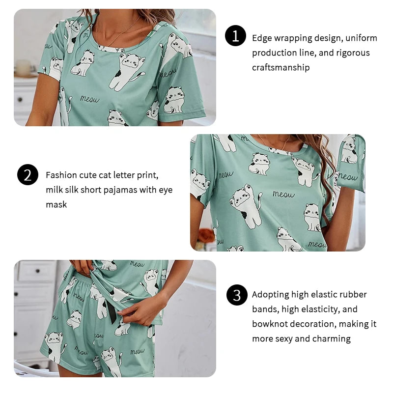 Women’s Pajama Set – Short Sleeve Top & Shorts with Cartoon Print