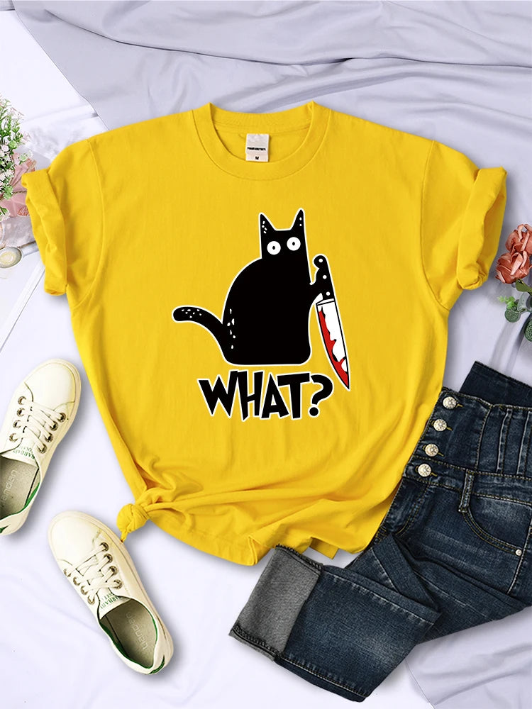 Black Cat Knife Tee – Women’s Short Sleeve Summer Streetwear