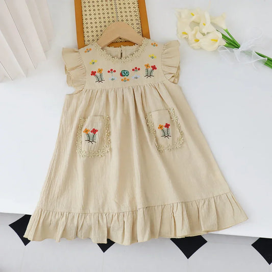 Girls’ Summer Khaki Embroidered Ruffle Edge Dress Sleeveless with Pocket