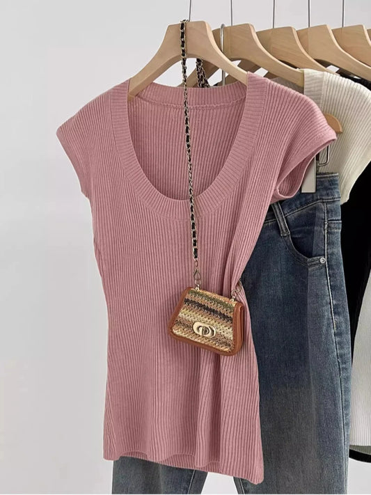 AOSSVIAO U-Neck Ribbed Knit Top – Slim Fit Summer Pullover