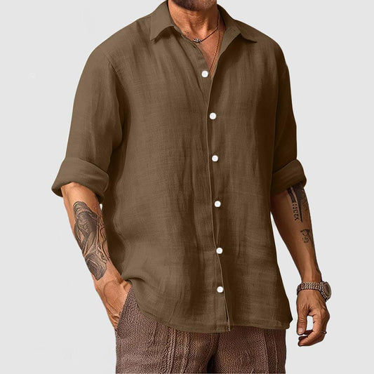 Men’s Cotton Linen Long Sleeve Shirt – Solid, Casual Resort Style