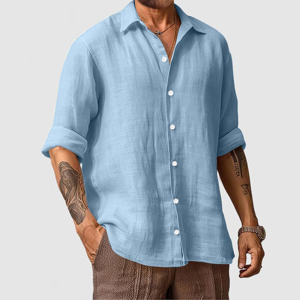 Men’s Cotton Linen Long Sleeve Shirt – Solid, Casual Resort Style