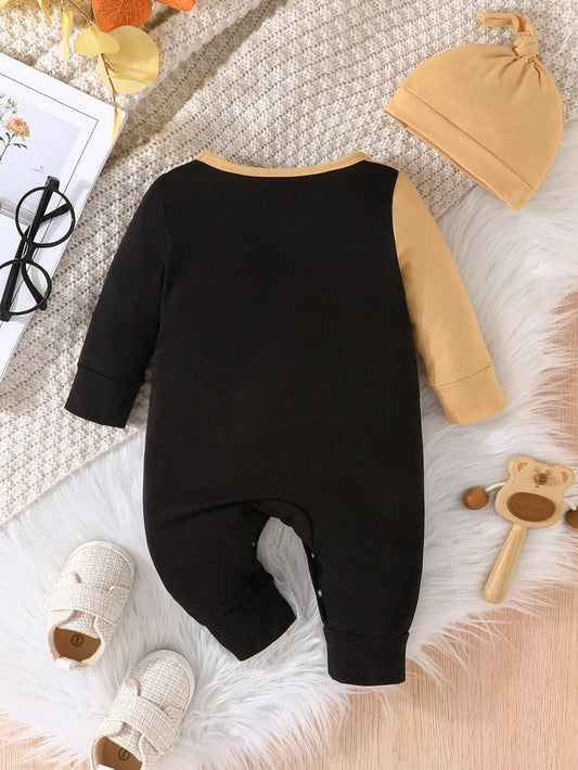 Newborn Baby Boy Romper — Patchwork Long Sleeve Jumpsuit with Hat, Spring/Autumn Outfit