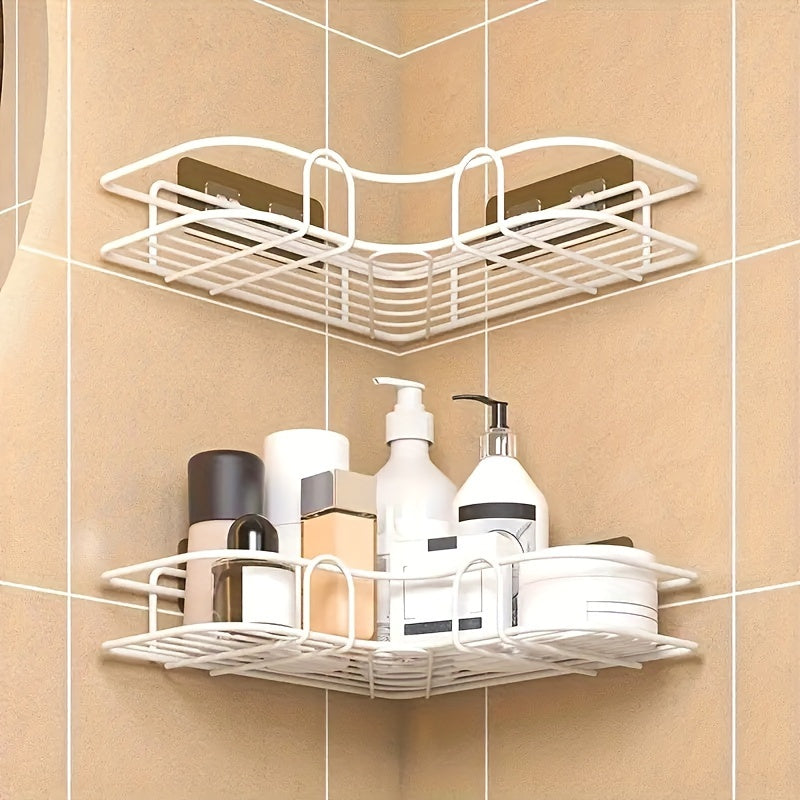 1pc Cast Iron Corner Shower Shelf – No-Drill Wall Mount, Black Mesh