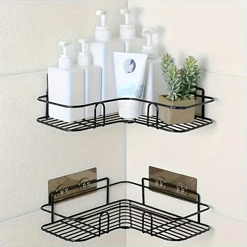 1pc Cast Iron Corner Shower Shelf – No-Drill Wall Mount, Black Mesh