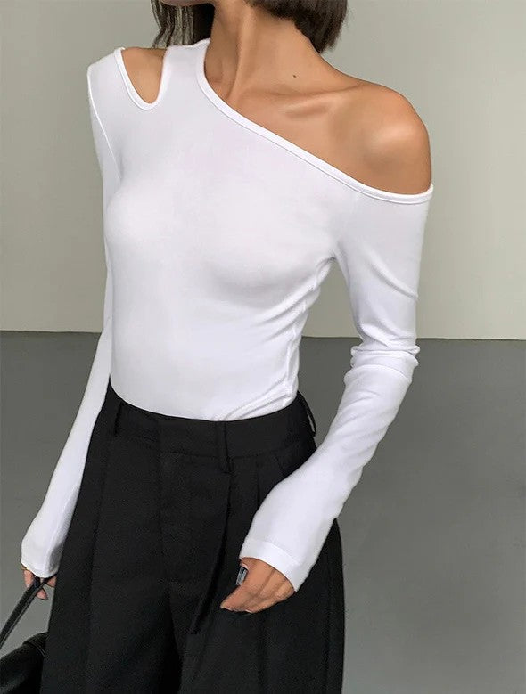 Skew Collar Off-Shoulder Slim Crop Top – Long Sleeve Hollow Out Tee for Women