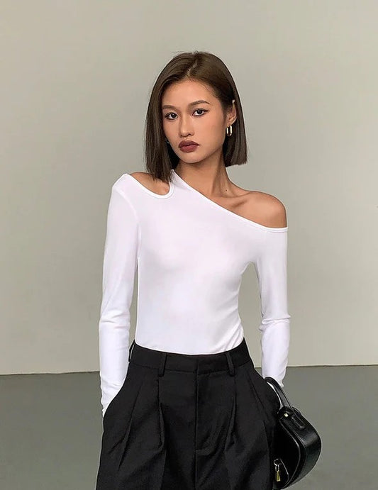 Skew Collar Off-Shoulder Slim Crop Top – Long Sleeve Hollow Out Tee for Women