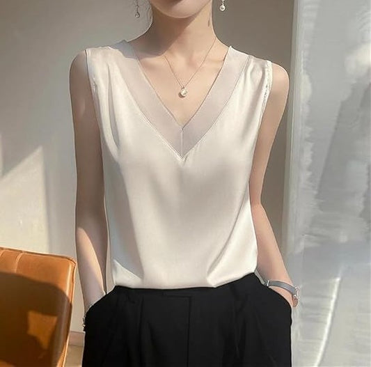 Silk Satin V-Neck Tank Top – Women's Sleeveless Mesh Strap Cami