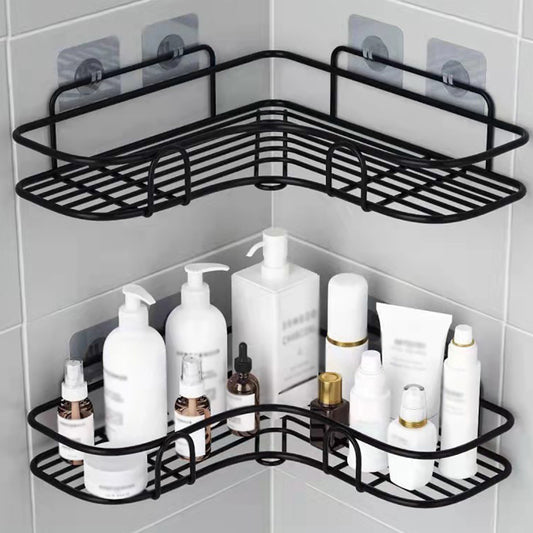 1pc Cast Iron Corner Shower Shelf – No-Drill Wall Mount, Black Mesh