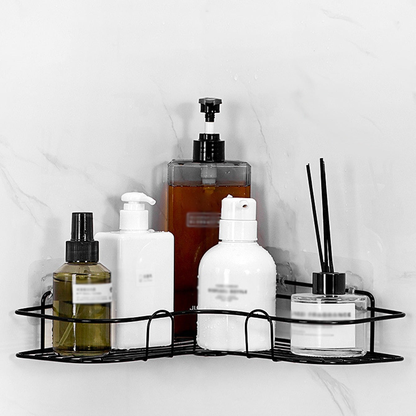 1pc Cast Iron Corner Shower Shelf – No-Drill Wall Mount, Black Mesh