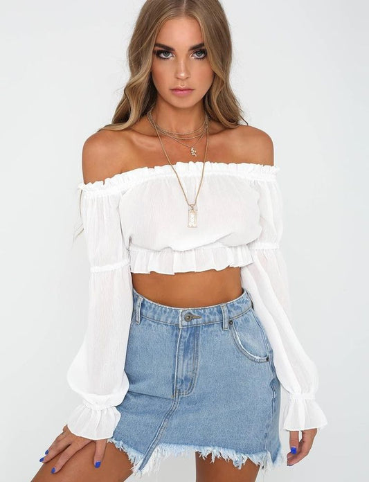 Women’s Off-Shoulder Puff Sleeve Blouse – Ruffle, Crop Top, White