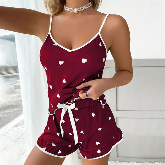 2024 Summer Women's Pajama Set – Soft Printed Vest & Shorts, Large Size, Casual Cute Sleepwear with Suspenders