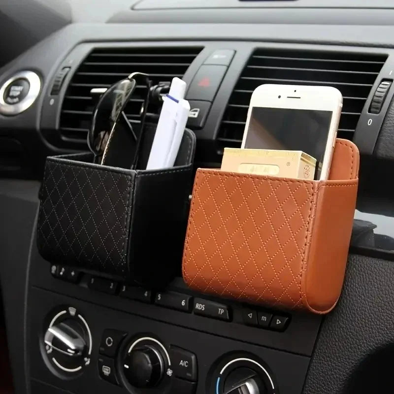 Car Air Vent Phone Holder & Storage Box — Leather Organizer for Phone & Glasses