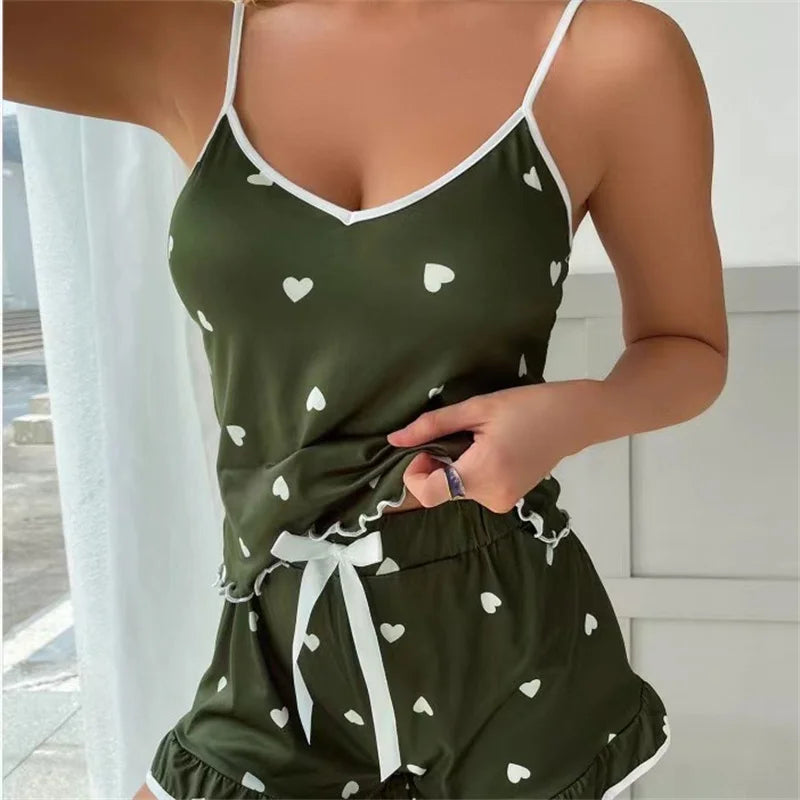 2024 Summer Women's Pajama Set – Soft Printed Vest & Shorts, Large Size, Casual Cute Sleepwear with Suspenders