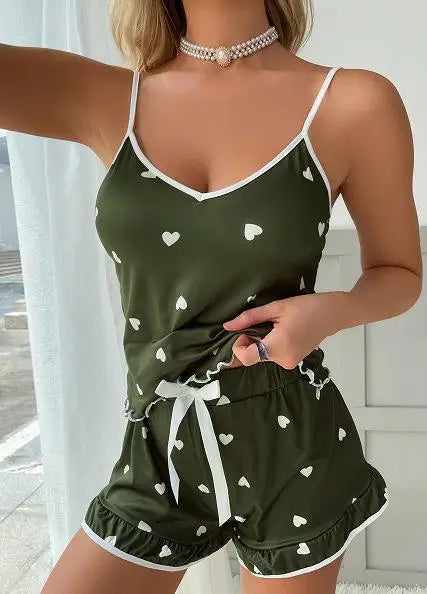 2024 Summer Women's Pajama Set – Soft Printed Vest & Shorts, Large Size, Casual Cute Sleepwear with Suspenders