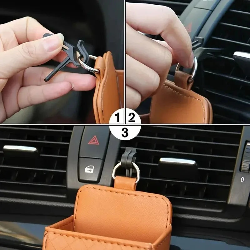 Car Air Vent Phone Holder & Storage Box — Leather Organizer for Phone & Glasses