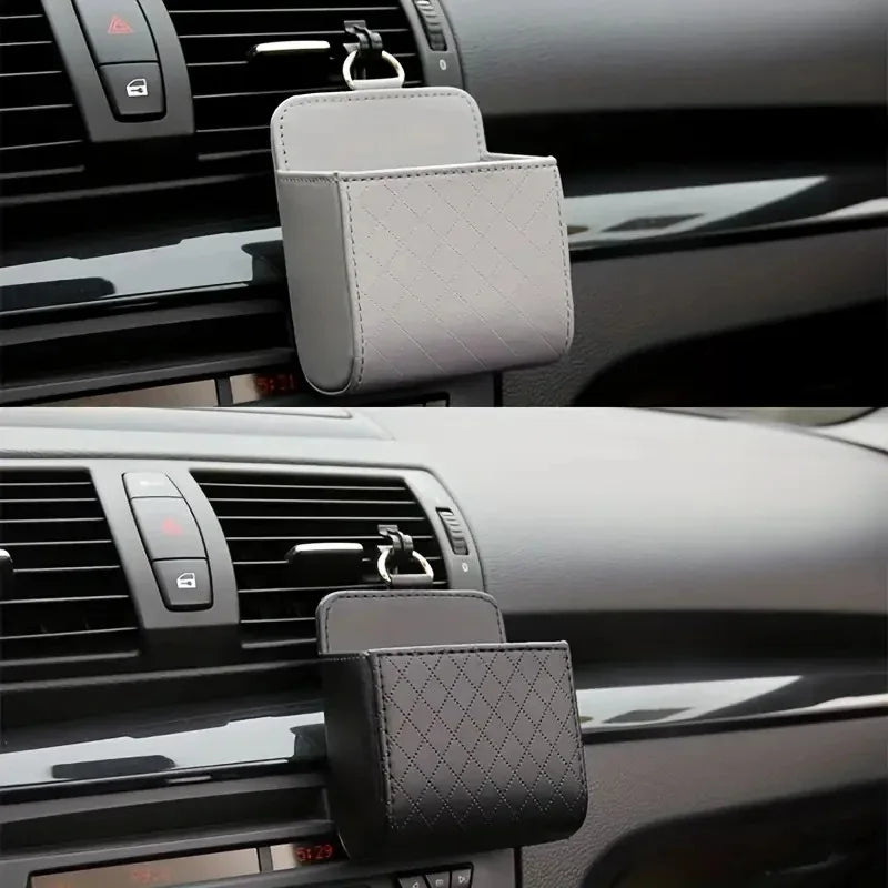 Car Air Vent Phone Holder & Storage Box — Leather Organizer for Phone & Glasses