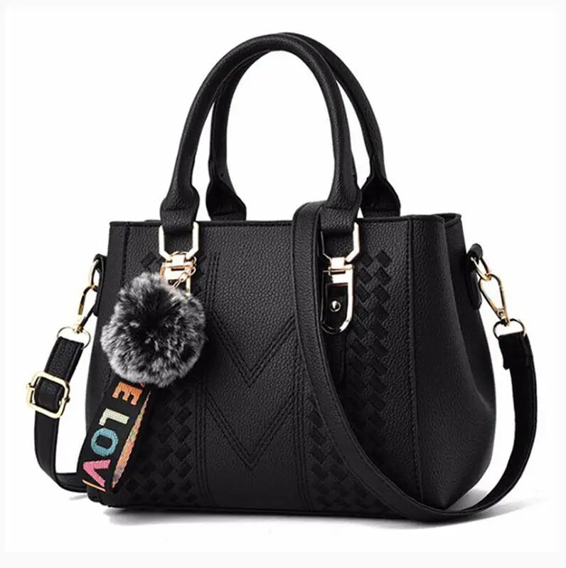 Embroidered Leather Messenger Bag with Fur Ball – Women's Handbag