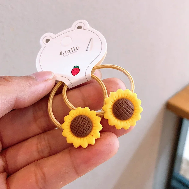 2Pcs Girls Cartoon Flower Hair Bands Cute, elastic rubber bands for kids—sweet and stylish hair accessories.