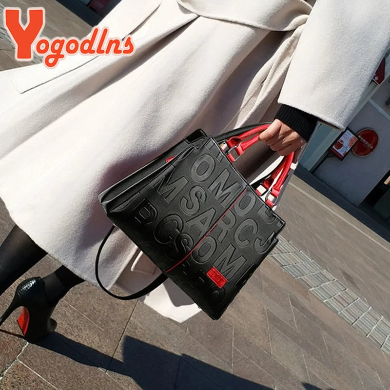 Luxury Black & Red Leather Handbag – Medium Tote with Top Handle