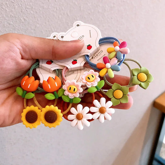 2Pcs Girls Cartoon Flower Hair Bands Cute, elastic rubber bands for kids—sweet and stylish hair accessories.