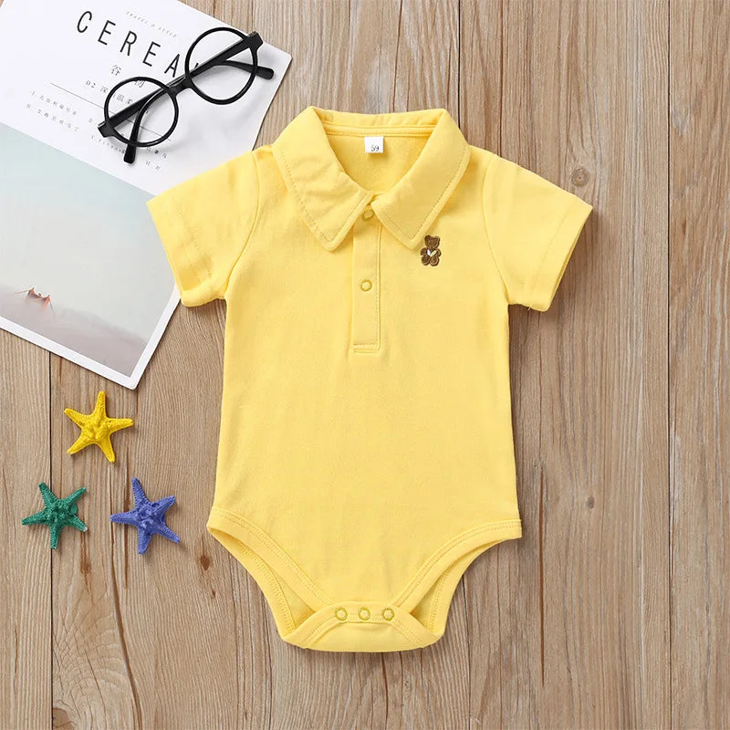 Newborn Baby Romper — 0–12M, Summer Polo Jumpsuit, 5 Solid Colors, Infant Outfit
