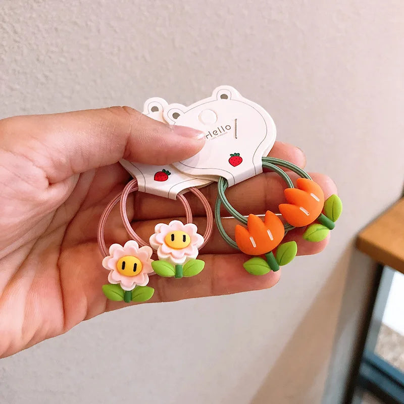 2Pcs Girls Cartoon Flower Hair Bands Cute, elastic rubber bands for kids—sweet and stylish hair accessories.