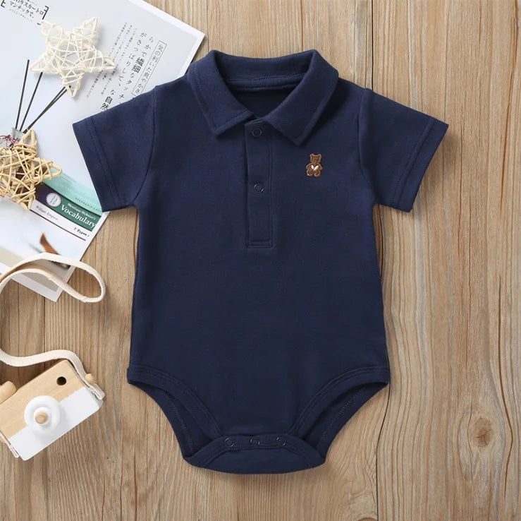 Newborn Baby Romper — 0–12M, Summer Polo Jumpsuit, 5 Solid Colors, Infant Outfit