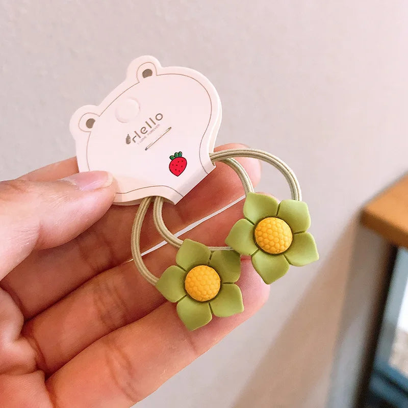 2Pcs Girls Cartoon Flower Hair Bands Cute, elastic rubber bands for kids—sweet and stylish hair accessories.