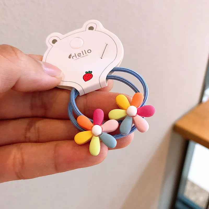 2Pcs Girls Cartoon Flower Hair Bands Cute, elastic rubber bands for kids—sweet and stylish hair accessories.