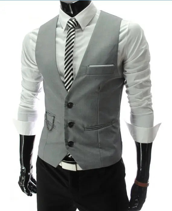 2025 New Men's Slim Fit Grey Dress Vest Casual sleeveless waistcoat for formal or business wear.