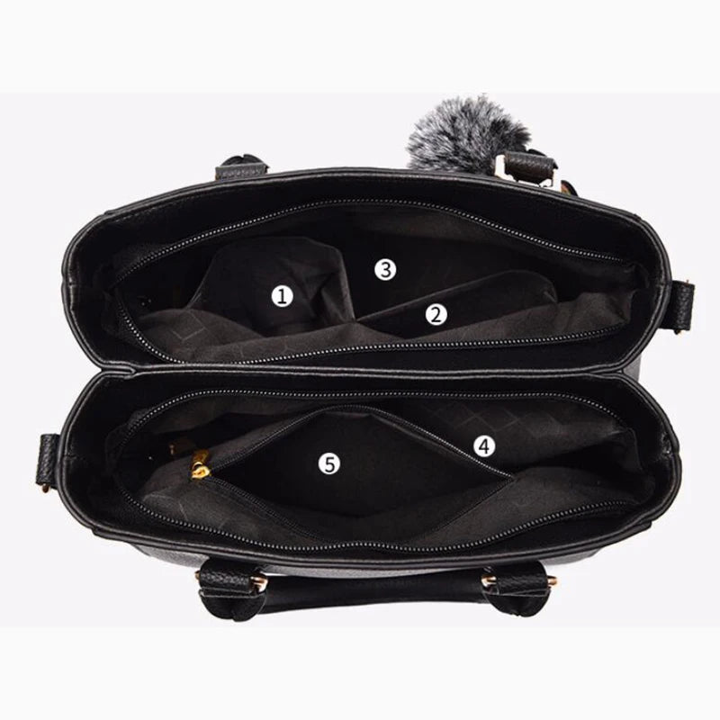 Embroidered Leather Messenger Bag with Fur Ball – Women's Handbag