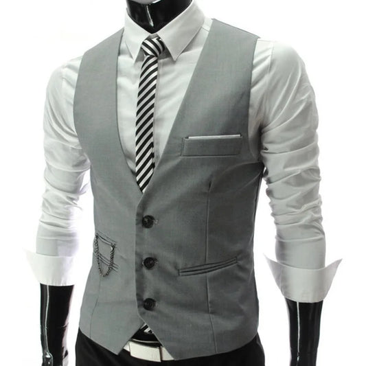 2025 New Men's Slim Fit Grey Dress Vest Casual sleeveless waistcoat for formal or business wear.