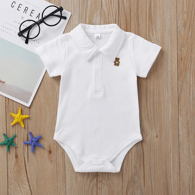 Newborn Baby Romper — 0–12M, Summer Polo Jumpsuit, 5 Solid Colors, Infant Outfit