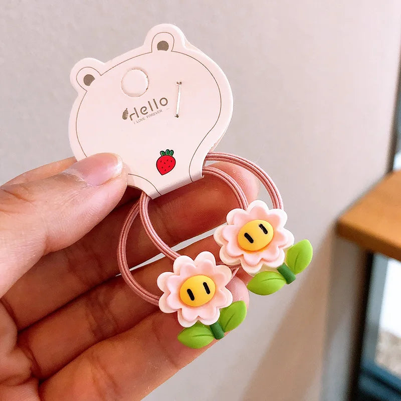2Pcs Girls Cartoon Flower Hair Bands Cute, elastic rubber bands for kids—sweet and stylish hair accessories.