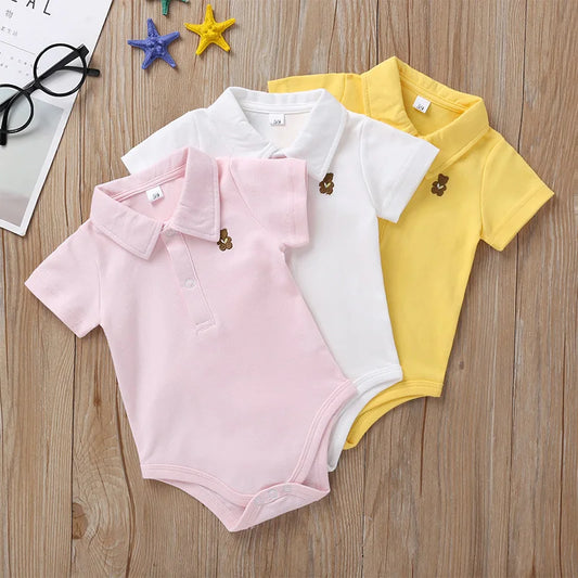 Newborn Baby Romper — 0–12M, Summer Polo Jumpsuit, 5 Solid Colors, Infant Outfit