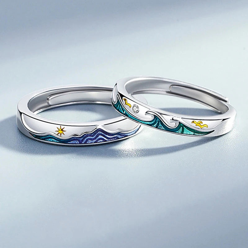 New Silver Sun & Moon Adjustable Couple Rings – Unisex Wedding Jewelry